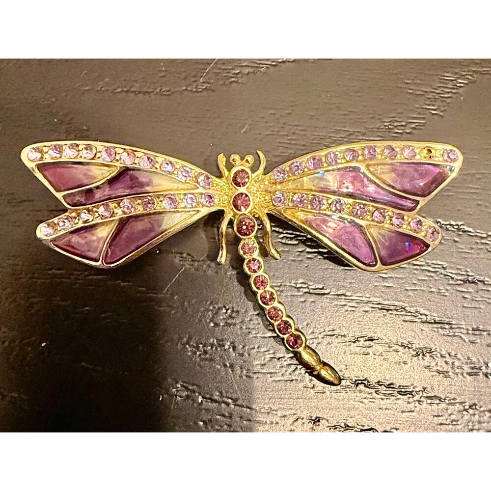 Vintage Signed Monet Purple Dragonfly Brooch Gold Tone Rhinestone Pin